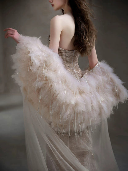 Sparkling Mermaid Spaghetti Strap Sequin Sleeveless Long Prom Dresses With Feathers Cape For Women N4244