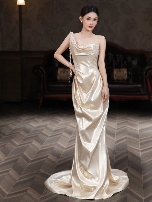 Simple Mermaid One Shoulder Satin Sleeveless Long Prom Dresses For Women N4246