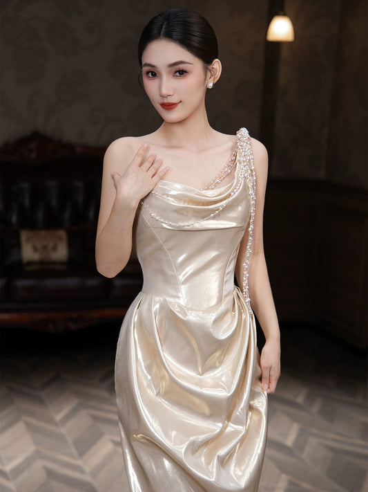 Simple Mermaid One Shoulder Satin Sleeveless Long Prom Dresses For Women N4246