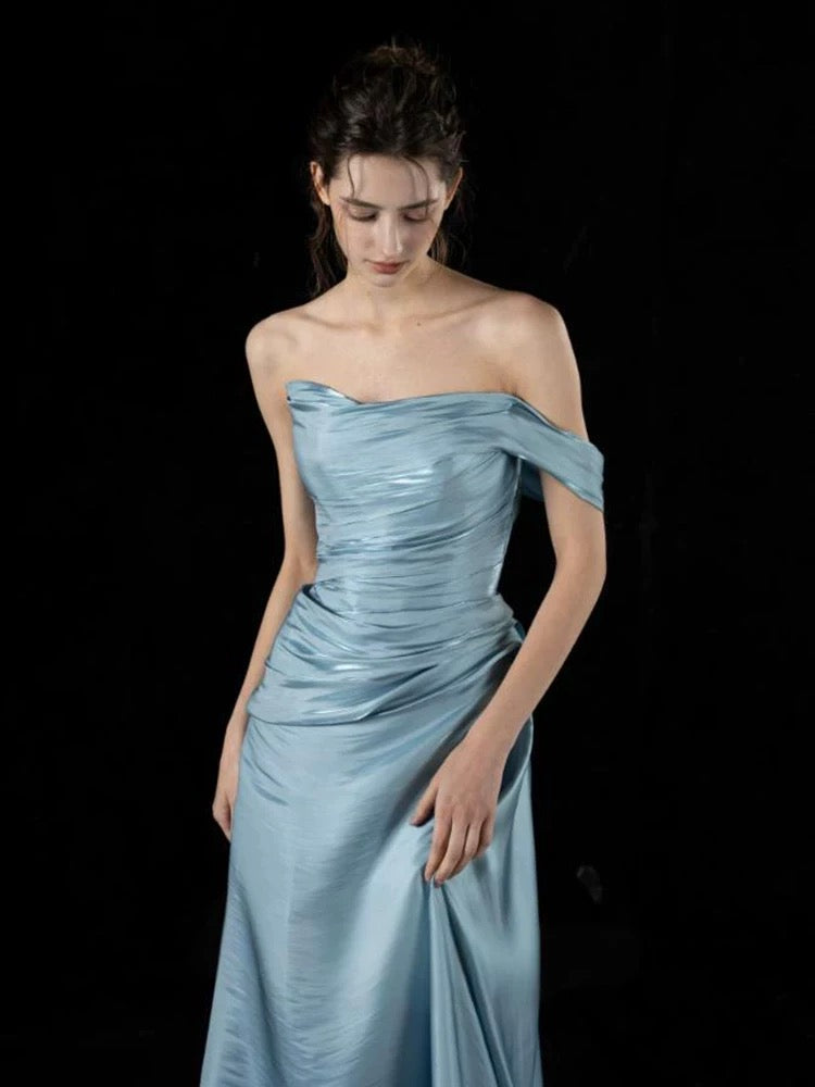 Simple Mermaid Strapless Blue With Folded Long Prom Dresses For Women N4247