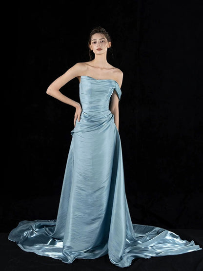 Simple Mermaid Strapless Blue With Folded Long Prom Dresses For Women N4247