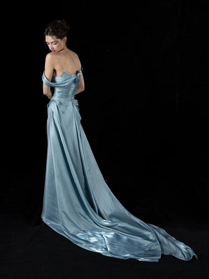 Simple Mermaid Strapless Blue With Folded Long Prom Dresses For Women N4247