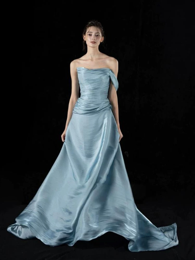 Simple Mermaid Strapless Blue With Folded Long Prom Dresses For Women N4247