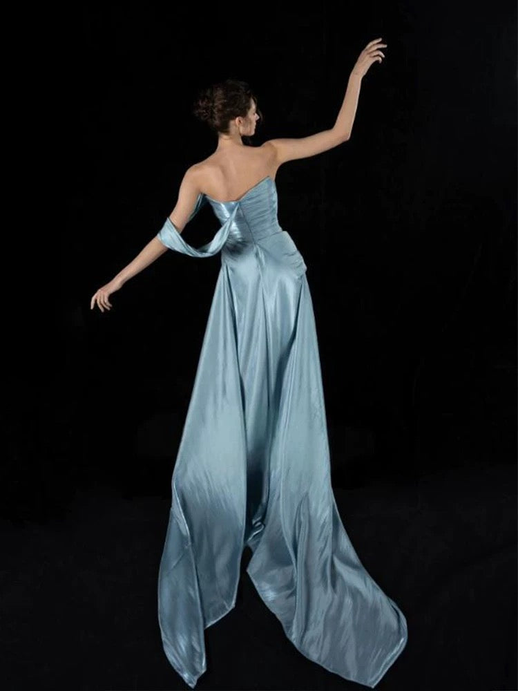 Simple Mermaid Strapless Blue With Folded Long Prom Dresses For Women N4247