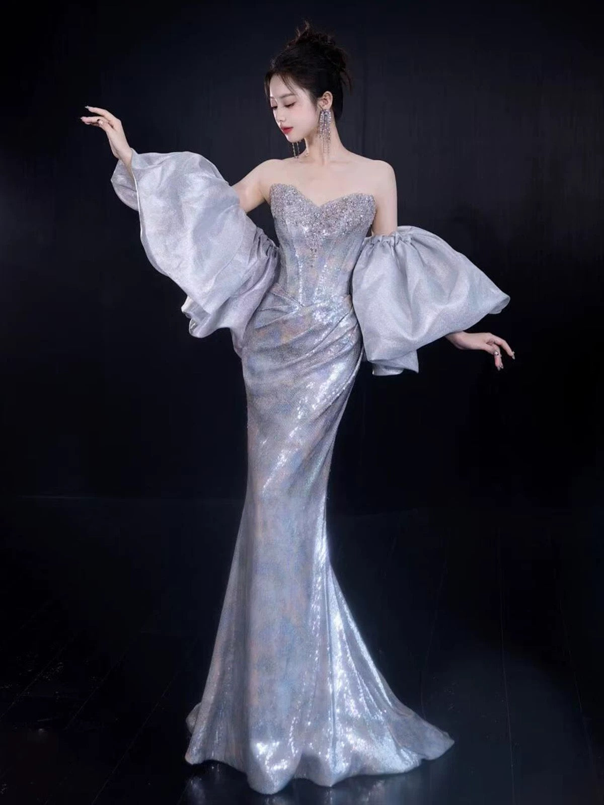 Sparkling Mermaid Sweetheart Sequin Sleeveless Long Prom Dresses With Cape For Women N4248