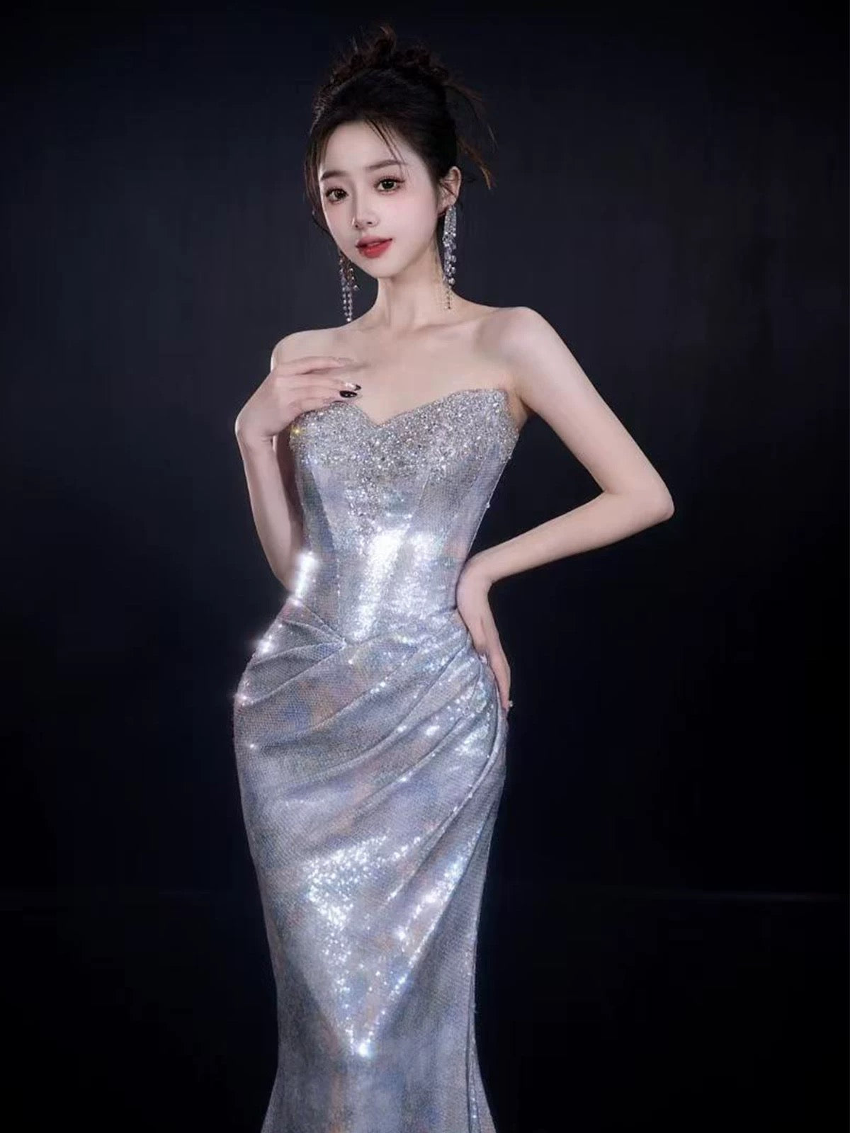 Sparkling Mermaid Sweetheart Sequin Sleeveless Long Prom Dresses With Cape For Women N4248