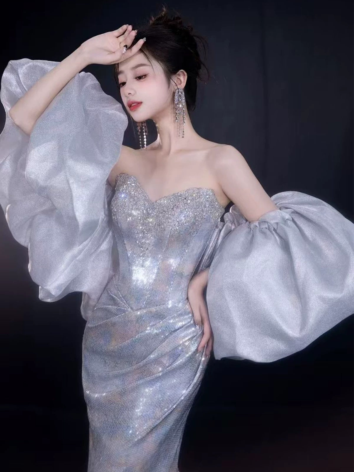 Sparkling Mermaid Sweetheart Sequin Sleeveless Long Prom Dresses With Cape For Women N4248