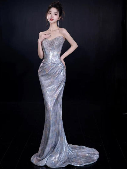 Sparkling Mermaid Sweetheart Sequin Sleeveless Long Prom Dresses With Cape For Women N4248