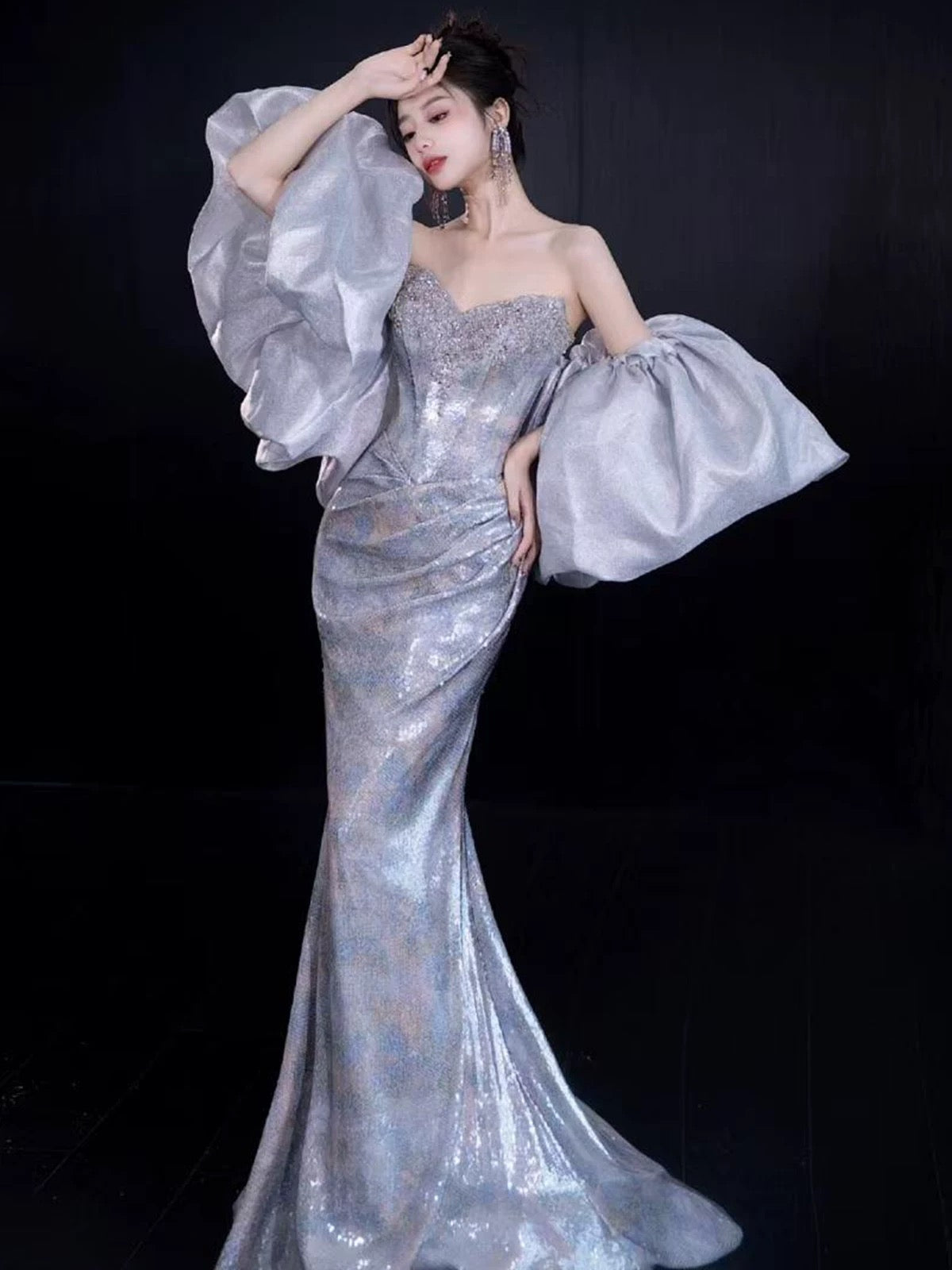 Sparkling Mermaid Sweetheart Sequin Sleeveless Long Prom Dresses With Cape For Women N4248