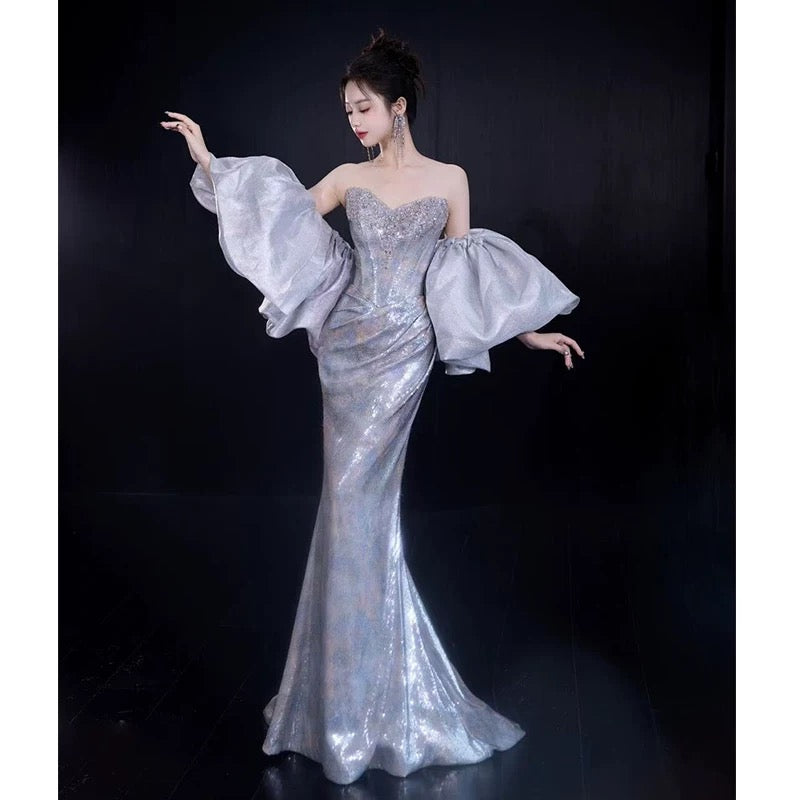 Sparkling Mermaid Sweetheart Sequin Sleeveless Long Prom Dresses With Cape For Women N4248