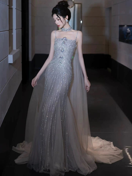 Sparkling Mermaid Spaghetti Strap Silver Gray Tulle Sleeveless Long Prom Dresses With Cape For Women N4249