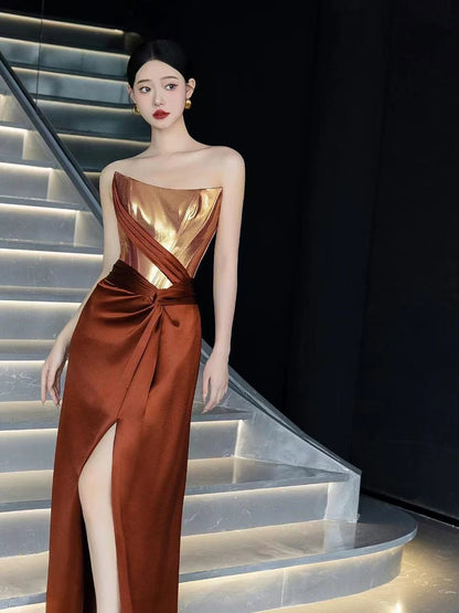 Sexy Mermaid Strapless Brown Sleeveless Wedding Guest Dress Satin Long Prom Dresses For Women N4250