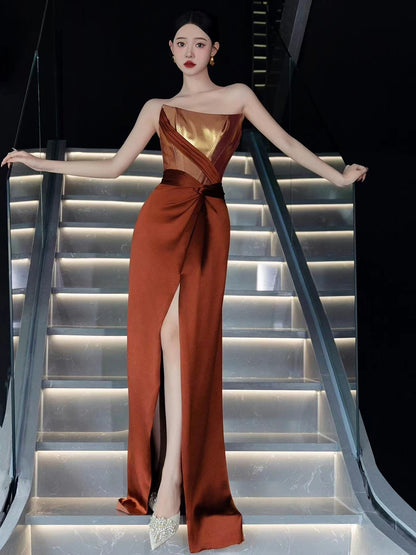 Sexy Mermaid Strapless Brown Sleeveless Wedding Guest Dress Satin Long Prom Dresses For Women N4250