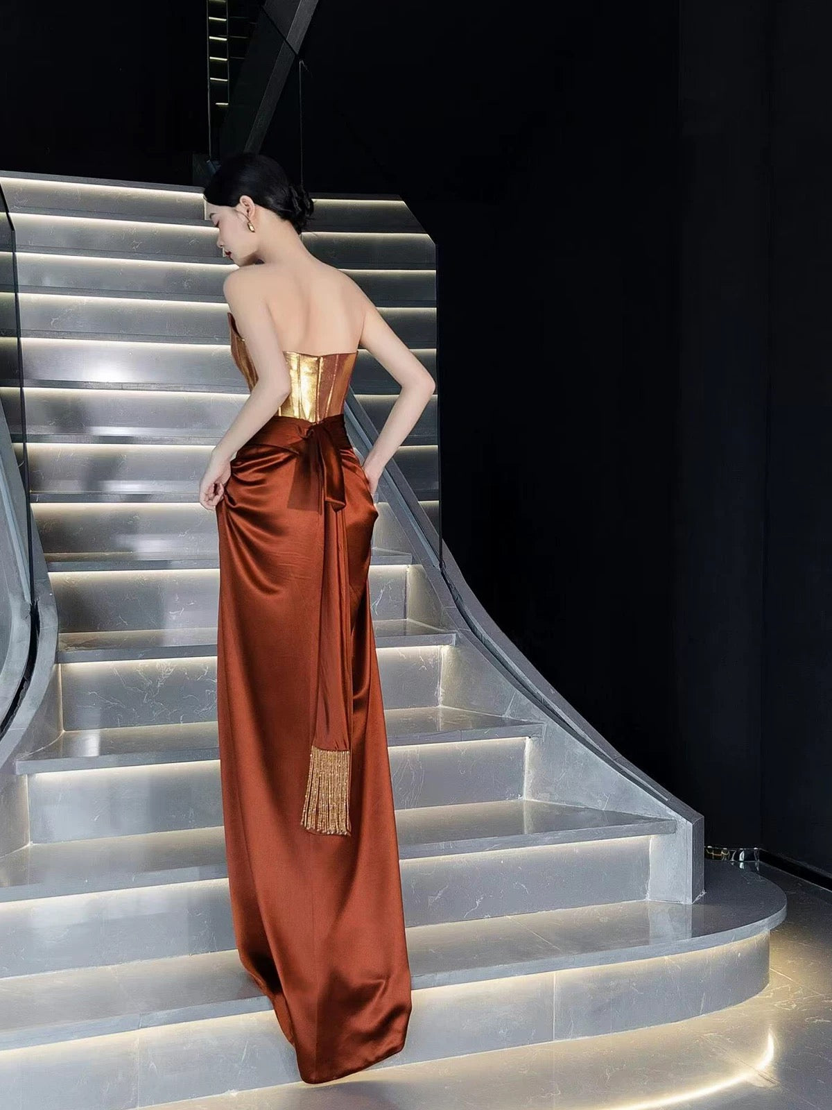 Sexy Mermaid Strapless Brown Sleeveless Wedding Guest Dress Satin Long Prom Dresses For Women N4250