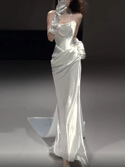 French Style Wedding Dresses Mermaid Strapless With Pleated Summer Gloves Wedding Dress N4252