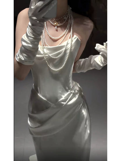 French Style Wedding Dresses Mermaid Strapless With Pleated Summer Gloves Wedding Dress N4252