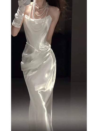 French Style Wedding Dresses Mermaid Strapless With Pleated Summer Gloves Wedding Dress N4252