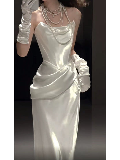 French Style Wedding Dresses Mermaid Strapless With Pleated Summer Gloves Wedding Dress N4252