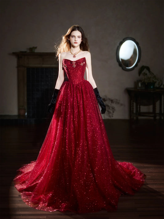 Sparkling Ball Gowns Strapless Burgundy Sequin Sleeveless Long Prom Dresses For Women N4251