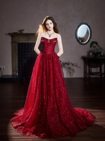 Sparkling Ball Gowns Strapless Burgundy Sequin Sleeveless Long Prom Dresses For Women N4251