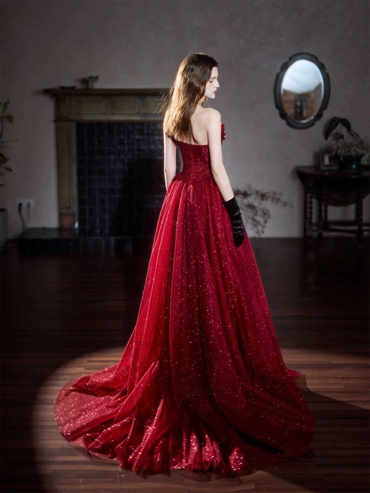 Sparkling Ball Gowns Strapless Burgundy Sequin Sleeveless Long Prom Dresses For Women N4251