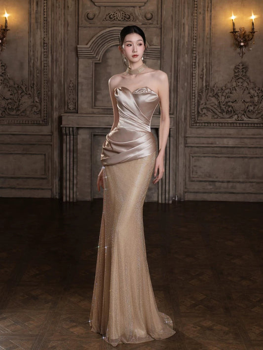Sexy Mermaid Sweetheart Gold Sequin Sleeveless Wedding Guest Dress Long Prom Dresses For Women N4253