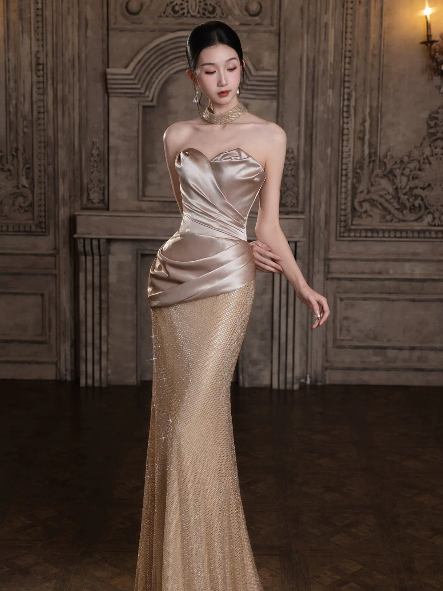 Sparkly Mermaid Sweetheart Champagne Sequin Long Prom Evening Dresses Inspo Evening Outfits RB5189