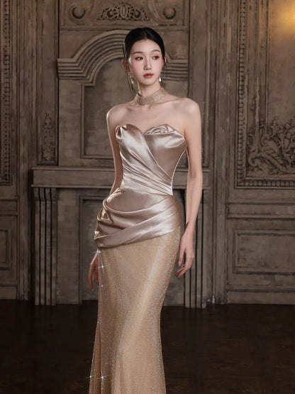 Sexy Mermaid Sweetheart Gold Sequin Sleeveless Wedding Guest Dress Long Prom Dresses For Women N4253