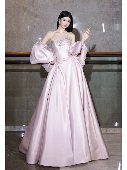 Modest Ball Gowns Sweetheart Pink Satin With Cape Sleeveless Long Prom Dresses For Women N4254