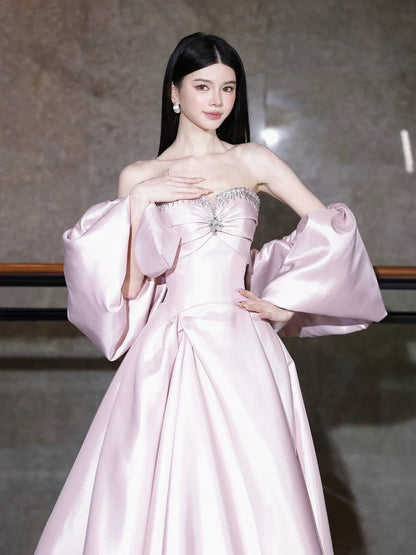 Modest Ball Gown Sweethart Pink Satin Sleeveless With Cape Long Evening Dresses Ideas Evening Outfits RB5190