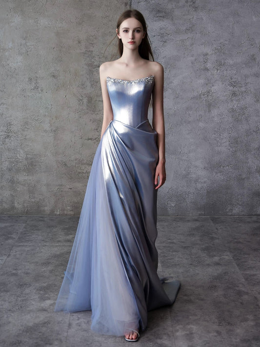 Sexy Mermaid Strapless Blue Satin Sleeveless Formal Gowns Long Prom Dresses For Women N4255