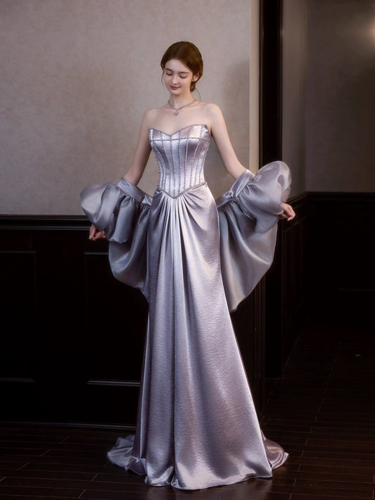 Modest Mermaid Sweetheart Lilac Satin With Cape Sleeveless Long Prom Dresses For Women N4256