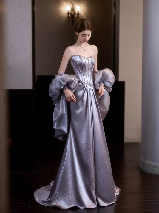 Modest Mermaid Sweetheart Lilac Satin With Cape Sleeveless Long Prom Dresses For Women N4256