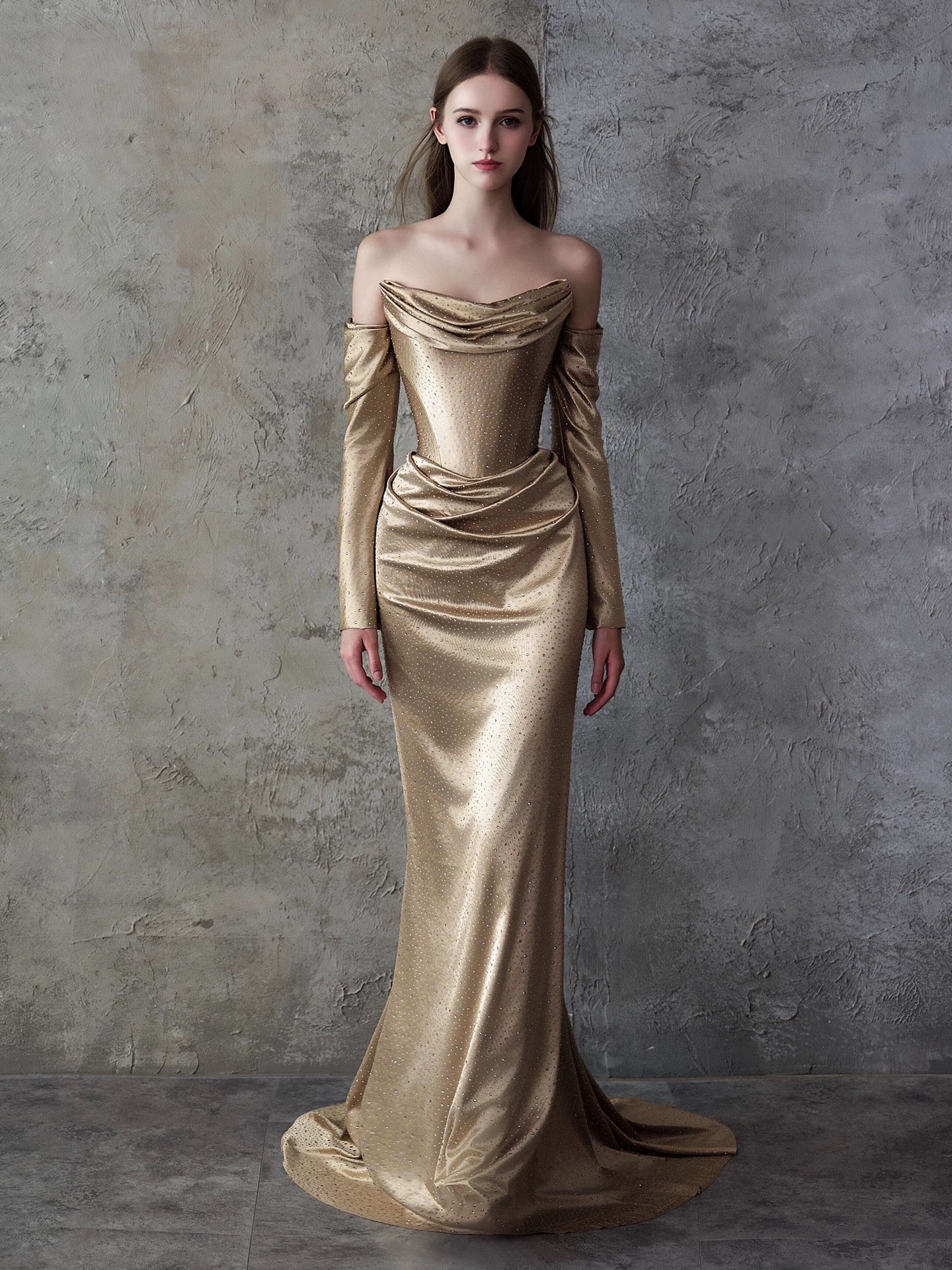 Sparkly Mermaid Sweetheart Champagne Satin Long Prom Evening Dresses Inspo Evening Outfits RB5192