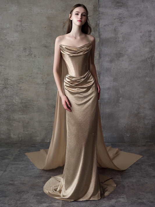 Sexy Meerjungfrau Trägerloses Champagner Satin Ärmellos Mit Handschuhen Lange Ballkleider Für Damen N4258