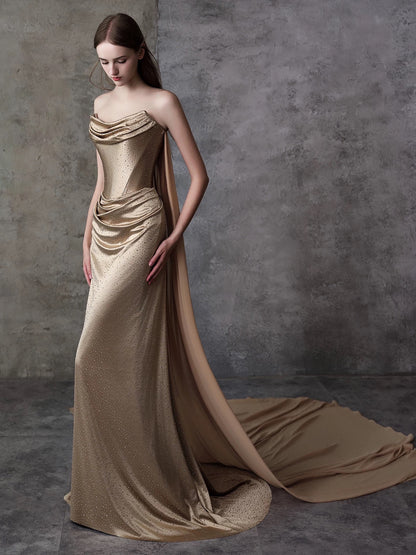 Sparkly Mermaid Sweetheart Champagne Satin Long Prom Evening Dresses Inspo Evening Outfits RB5192