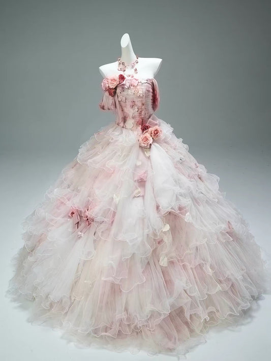 Pretty Ball Gown Off The Shoulder Pink With Flowers Long 15 Quinceanera Dresses Photo Ideas Formal Outfit RB5574