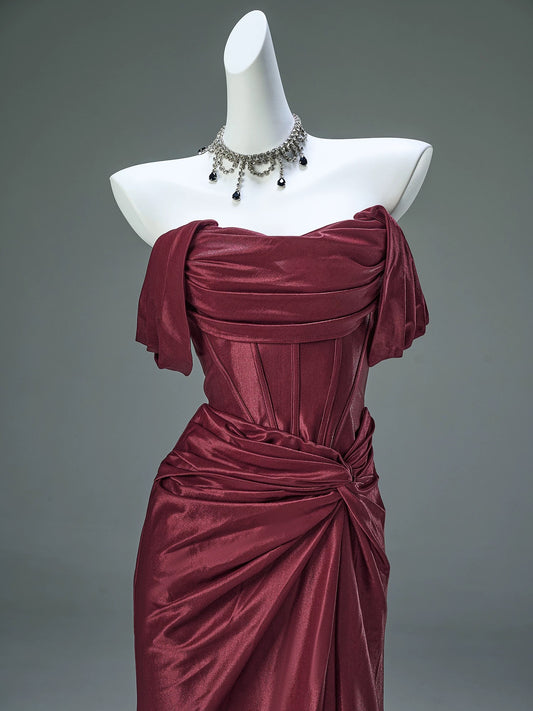 Elegant Mermaid Off The Shoulder Burgundy With Sleeves Date Night Outfits Formal Prom Gown Evening Dresses RB5575