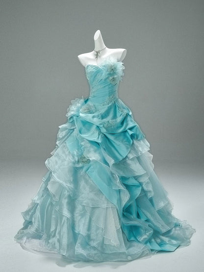 Pretty Ball Gown Strapless Blue With Flowers Long 15 Quinceanera Dresses Photo Ideas Formal Outfit RB5576