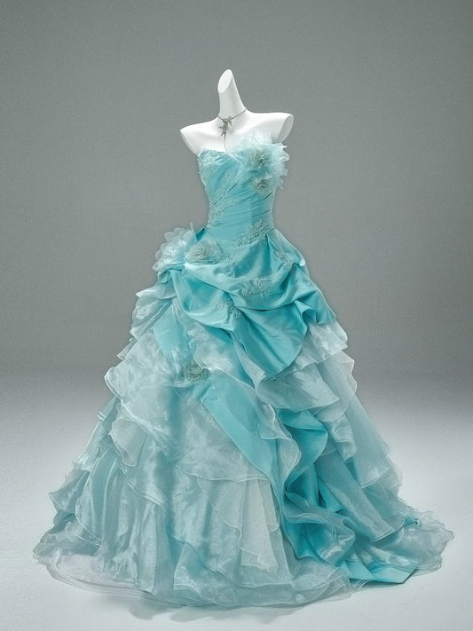 Pretty Ball Gown Strapless Blue With Flowers Long 15 Quinceanera Dresses Photo Ideas Formal Outfit RB5576