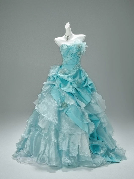 Pretty Ball Gown Strapless Blue With Flowers Long 15 Quinceanera Dresses Photo Ideas Formal Outfit RB5576