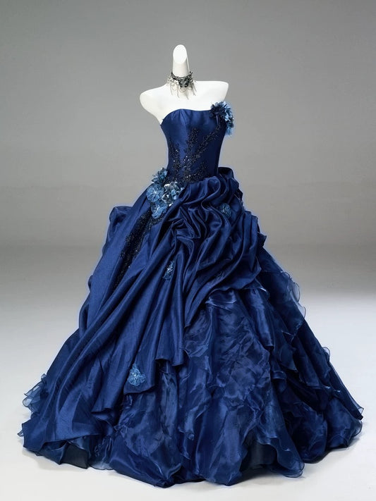 Pretty Ball Gown Strapless Navy Blue With Flowers Ruffled Long 15 Quinceanera Dresses Photo Ideas Formal Outfit RB5577