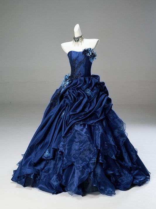 Pretty Ball Gown Strapless Navy Blue With Flowers Ruffled Long 15 Quinceanera Dresses Photo Ideas Formal Outfit RB5577