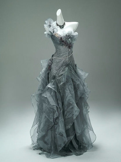 Classy Mermaid One Shoulder Gray With Flowers Date Night Outfits Semi Formal Prom Gown Evening Dresses RB5579