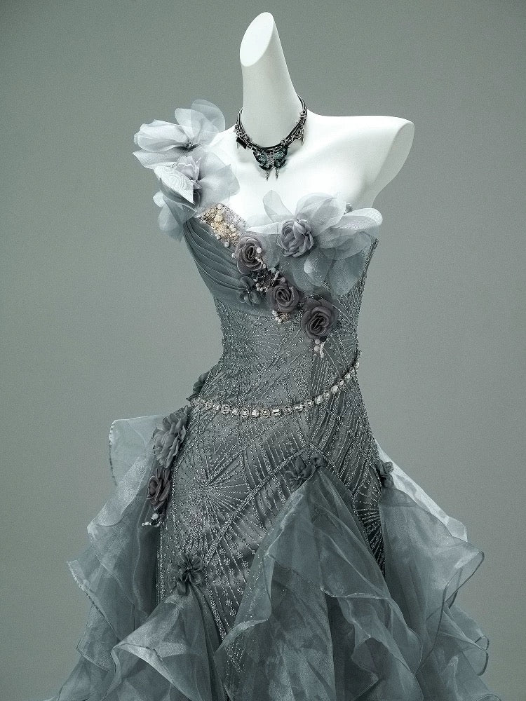 Classy Mermaid One Shoulder Gray With Flowers Date Night Outfits Semi Formal Prom Gown Evening Dresses RB5579