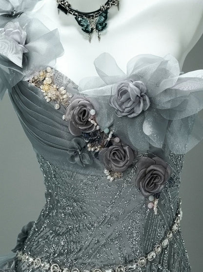 Classy Mermaid One Shoulder Gray With Flowers Date Night Outfits Semi Formal Prom Gown Evening Dresses RB5579