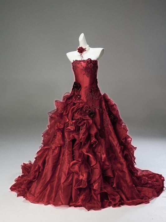 Pretty Ball Gown Strapless Burgundy Sleeveless With Flowers Ruffled Long 15 Quinceanera Dresses Photo Ideas Formal Outfit RB5580