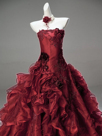 Pretty Ball Gown Strapless Burgundy Sleeveless With Flowers Ruffled Long 15 Quinceanera Dresses Photo Ideas Formal Outfit RB5580