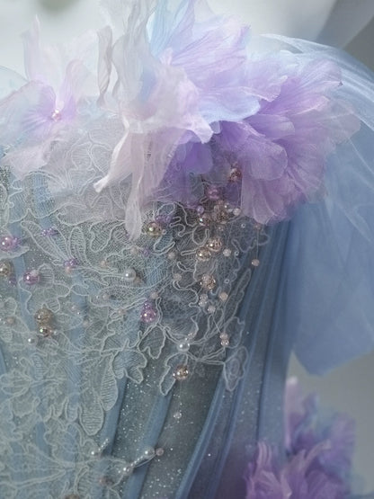 Classy High Low Off The Shoulder Blue Lilac With Flowers Date Night Outfits Semi Formal Prom Gown Evening Dresses RB5581