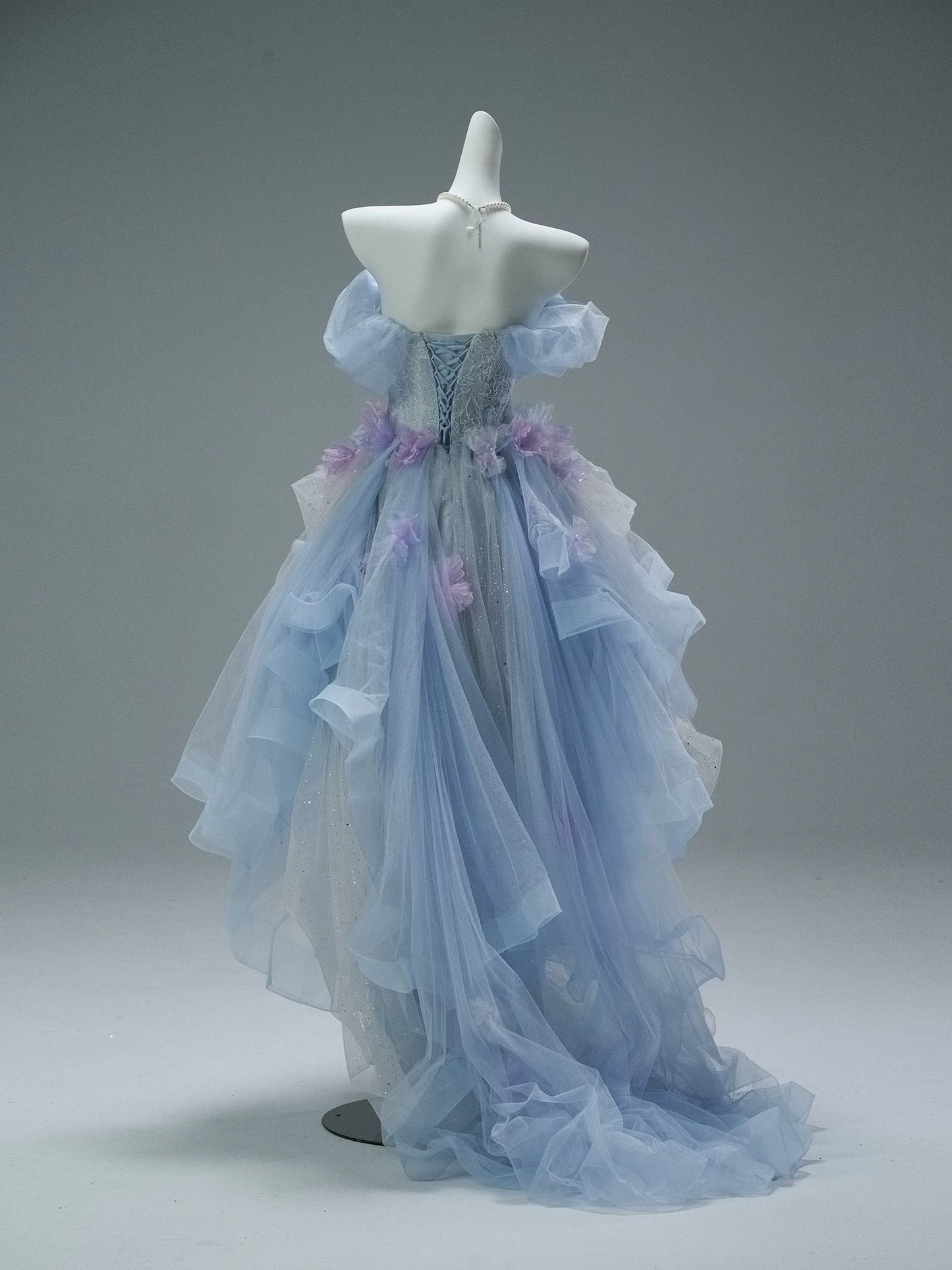 Classy High Low Off The Shoulder Blue Lilac With Flowers Date Night Outfits Semi Formal Prom Gown Evening Dresses RB5581